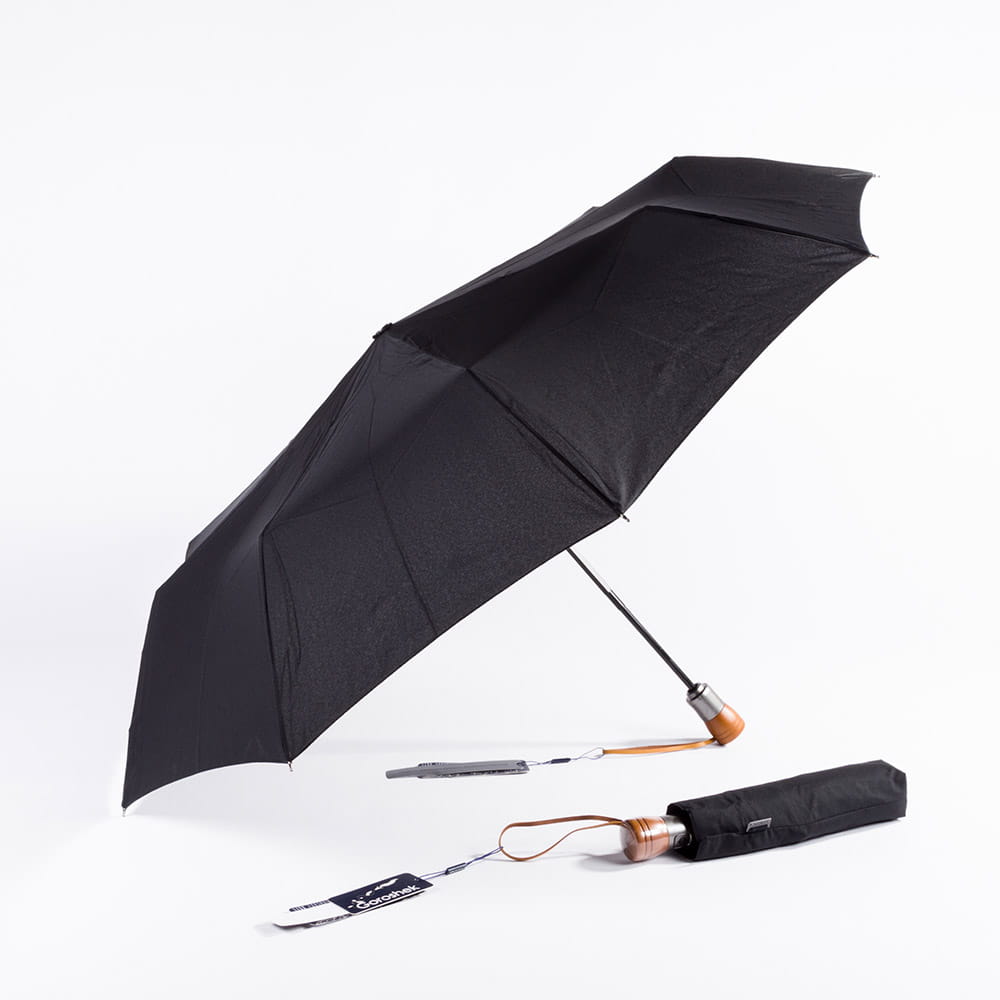 737150 Зонт мужской, 3 слож, полный автомат, ручка дер.прямая (Черный/эпонж/Goroshek)