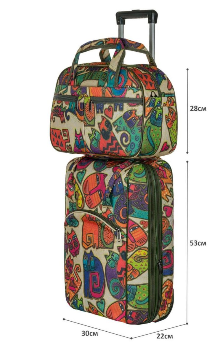 М-7321Б Сумка на колесах с бьютиком дизайн кошки бежевый  (Бежевый/30*53*27+28/полиэстер/NTL Continent)