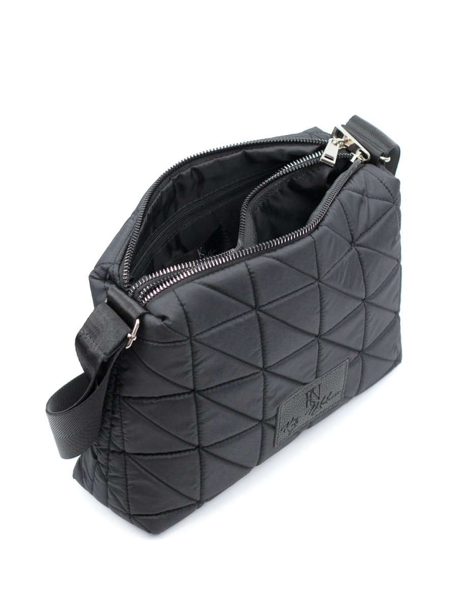 016-3030407/1 Сумка женская кроссбоди 2 отд. черный+треугольники+карабины (Dewspo) (черный/текстиль/KATY NIKOLAEVA)